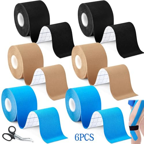 SaiXuan 6 Rotoli di Tape Kinesiologico (5cm x 5m) con Forbici, Nastro Sportivo Elastico, Impermeabile e Traspirante,Kinesio Tape Professionale per Muscoli e Articolazioni (Ginocchio, Spalla, Polso)