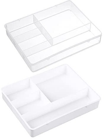 UTHCLO Organiseur de Bureau Transparent 2Pcs Tiroir de Rangement Multi-Usages Compartiments Ajustables pour Cosmétiques et Fournitures de Bureau Organisateur de Maquillage