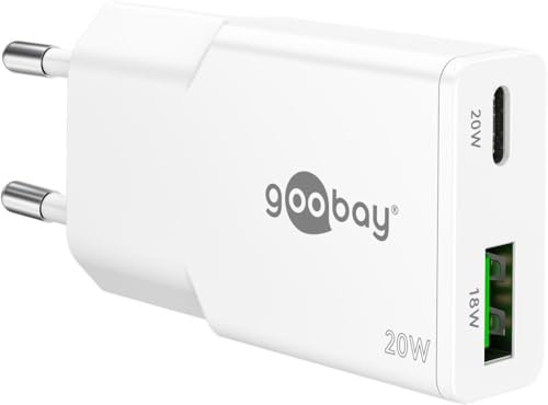 goobay USB-C PD GaN Chargeur Rapide Double Slim 20W (Blanc) Bloc d'alimentation, Power Delivery, Port USB-A Quick Charge, Bloc d'alimentation pour Smartphone & Tablette - 75730