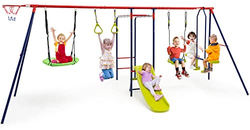 Kids Swing Set, 7 in 1 Outdoor 300 Kg A-Frame Heavy Duty Metal Swing Stand with Monkey Bar, Playground Playset with Slide, 2 Swings, Glider, Trapeze Rings, Basketball Hoop for Garden Backyard