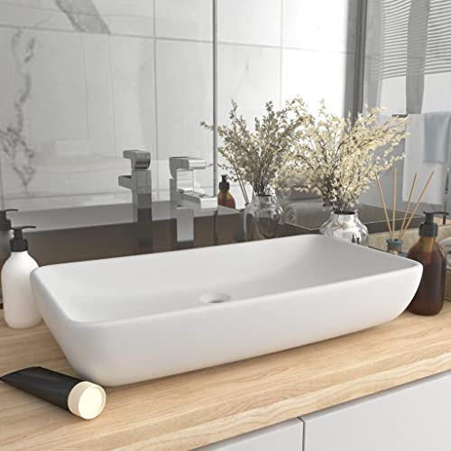 Vasque Rectangulaire with Céramique, Finition Mate, Design Élégant, Vasque à Poser Salle de Bain, Lavabo Salle de Bain, Meuble Vasque Salle de Bain, Blanc Mat, 71 x 38 x 13.5 cm