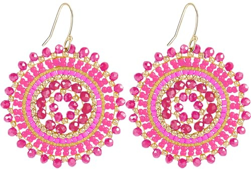 GWAWG Boucles d’Oreilles Pendantes Femme Perles, Bijoux Bohèmes Été, Grandes Boucles Cristal Verre Coloré, Légères et Élégantes pour Mariage, Plage, Soirée (Rose)