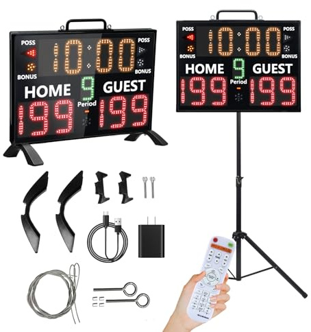 LUCKY TIME Electronic Basketball Scoreboard with Buzzer, Digital Scoreboard with Remote,Portable Score Keeper Battery Powered Score Board for Sports Games(RGB with Tripod)