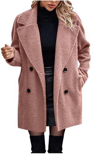 Trench Coats for Women Long Teddy Bear Coats Windbreaker Lapel Collar Double Breasted Pea Coat with Pockets Solid Color Overcoat Winter Warm Longline Fleece Jackets Size 8-16