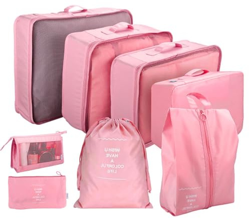 Set med 8 bagageorganiserare packväskor med kosmetikväska – packväskor – Packing Cubes – reseorganiserare och klädväskor för resor – reseväska (rosa/rosa)