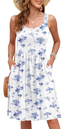 WNEEDU Vestido de Verano Mujer de Playa sin Mangas Tirantes Finos Escote Cuadrado Tiro Alto Silueta A hasta la Rodilla Casual con Bolsillos
