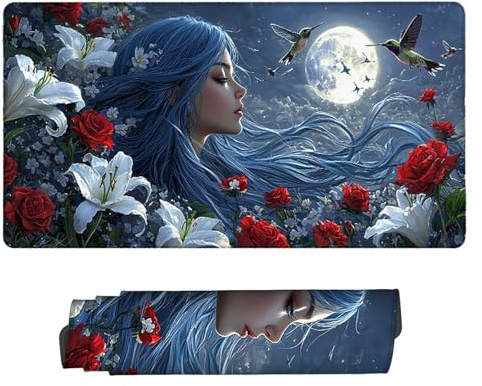 Musmatta, 160 x 80 cm spelmusmatta med sydda kanter, liljor kvinna musmatta utökad stor musmatta XXL, spelmusmatta med halkfri gummibas skrivbordstillbehör, gåvor E-32