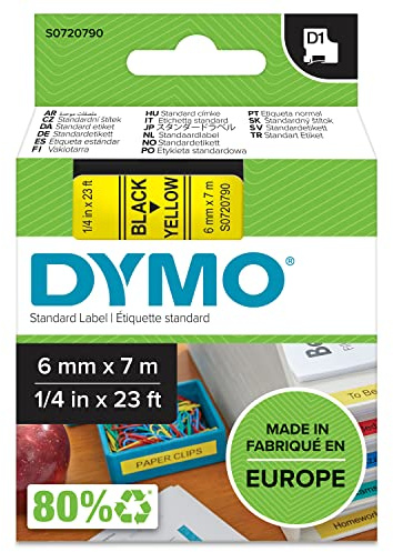 DYMO Authentic D1 Labels | Black Print on Yellow Tape | 6 mm x 7 m | Self-Adhesive Labels for LabelManager Label Makers | Made in Europe