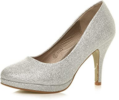 Ajvani Womens Ladies mid high Heel Platform Work Evening Court Shoes Pumps, 7 UK, Silver Glitter Mesh