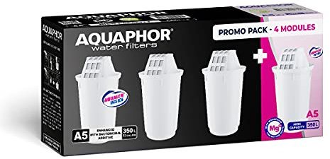 4x Wasserfilterkartuschen Aquaphor (3x A5 plus 1x A5 Magnesium). Kompatibel mit Filterkannen Arctic, Prestige, Provence von Aquaphor. 350 Liter Kapazität. AQUALEN TM Technologie.