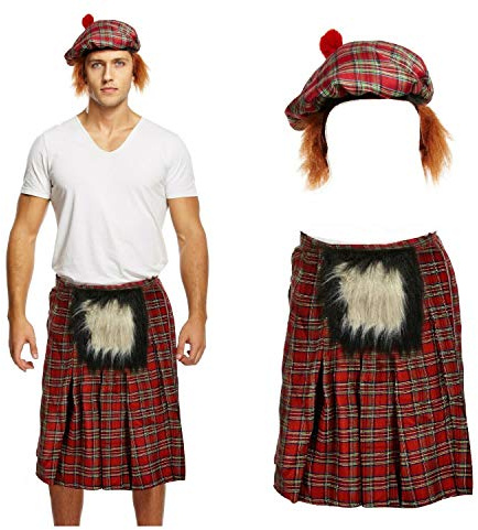 Lizzy Scottish Costume Set Adult Tartan Kilt Outfit with Hat and Sporran Fancy Dress Scottish Outfit for Burns Night Party Stag Do Highland Costume Unisex Scottish Dress UK