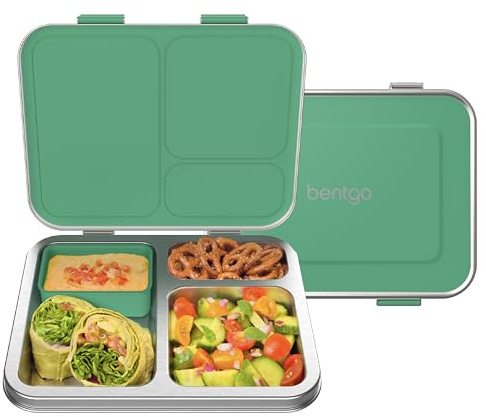 Bentgo Kids Stainless Steel Leak-Resistant Lunch Box - 3-Compartments with Bonus Silicone Container, Durable, Eco-Friendly, Dishwasher Safe, BPA-Free, Ideal for School, Ages 3+ (Green)