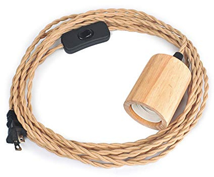Arturesthome Wood Pendant Light Cord Kit with Switch, 23FT Vintage Industrial Hanging Light Plug in Lamp Cord with Twisted Nylon Rope Lights Socket E26 E27 for Farmhouse Lamp Cable Retro DIY