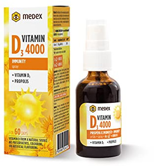 Medex Vitamin D3 4000 IU Mundspray, 4 Sprühstöße alle 4 Tage, mit Bienenpropolis, natürlicher Zitronengeschmack, wasserlöslich, kein Öl, 60 Tage Anwendung, 30 ml