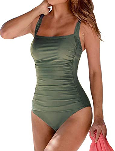 Brosloth Femme Maillot de Bain 1 pièce Push Up Ruché Effet Ventre Plat Réglable Élégant Monokini de Sport Beachwear Vert XL