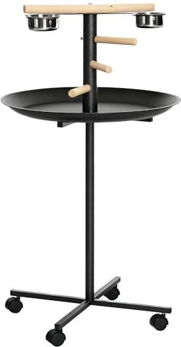 PawHut Parrot Perch Stand Large Bird Play Stand Metal Round Tray Black | Metal Bird Table Feeder Station, Stainless Steel Bowls, Four Wheels
