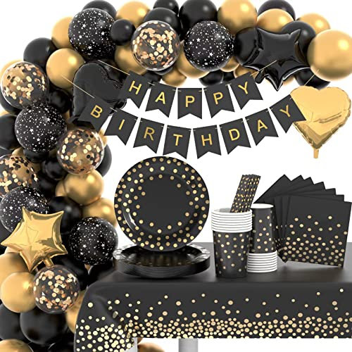 Vaisselle Anniversaire Noir et Or, Vaisselle Assiettes de Fête Decoration, Party Vaisselle avec Ballons, pour les Fêtes, Mariages, Fêtes de Remise des Diplômes, Baby Shower Enfant (16 invités)