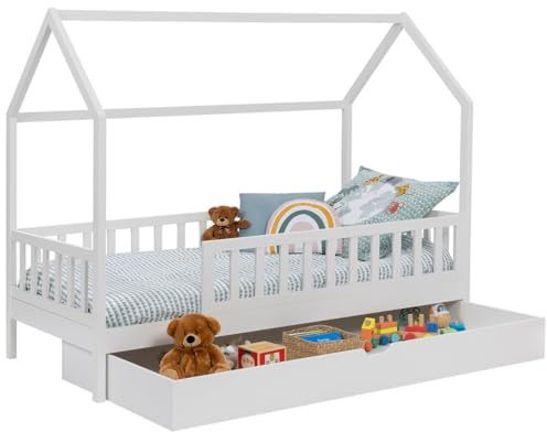 IDMarket – Cama cabaña infantil 80 x 160 cm, color blanco con 1 cajón nido y almacenamiento
