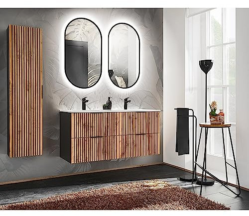 Lomadox Badmöbel Set mit Doppelwaschtisch 120 cm, Badschrank, 2 LED Spiegel, in anthrazit mit Eiche Nb. Schwarze Rillen, B/H/T: ca. 185/200/46 cm