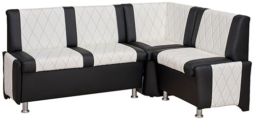 Rodnik Eckbank Polin, Sitzbank aus Kunstleder oder Stoff, mit Stauraum, Truhenbank 174 x125 cm (Kunstleder, schwarz, weiß)