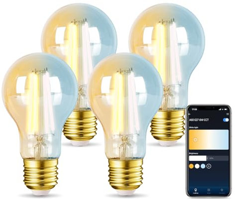 Aigostar Edison Ampoule Connectée Alexa E27 6W LED Ampoules Vintage WiFi A60, Compatible avec Alexa et Google Home, Dimmable 2700K-6500K, Ambre 4 Unités