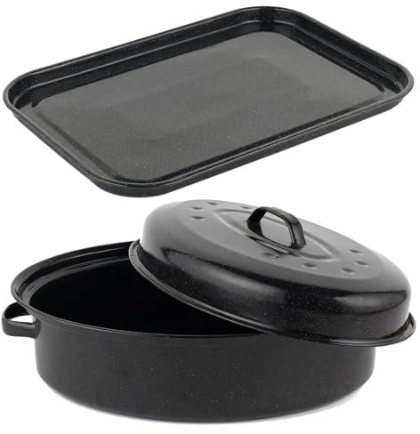 Salter COMBO-9149 Baking Tray & Roaster Set - Vitreous Enamel Coated Steel Self-Basting Roasting Tin with Lid, Flat Oven Pan, Large Cookie Sheet, PFAS-Free, Oval Cooking Dish, Dishwasher Safe, Black