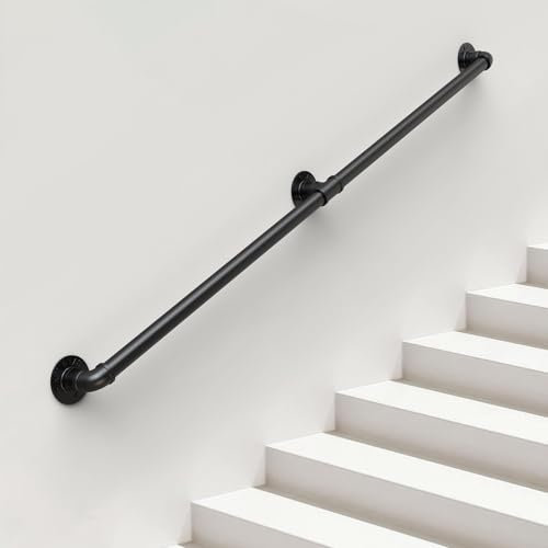 ONLT 240cm Main Courante pour Escalier Intérieur Extérieur Mur Balustrade de Rampe de Pied Garde-Corps de Support Poignée Rambarde de Sécurité - Kit Complet - Métal Fer Forgé Noir
