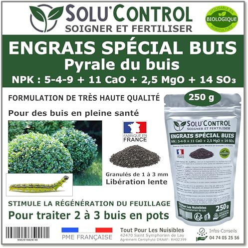Engrais Spécial Buis 250 g - SoluControl - Formulation haute qualité Organo-Minerale - Idéal après attaque de la chenille de la Pyrale ou maladies du buis