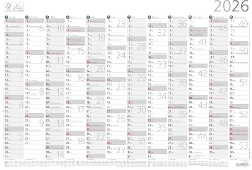 Zettler Jahresübersicht A3 12 Mon 1 Stk. plano 2026 – Plakatkalender 42 × 29,7 cm, 12 Monate auf 1 Seite, Arbeitstage- & Wochenzählung, Ferien, Mondphasen, Feiertage rot markiert, FSC Karton