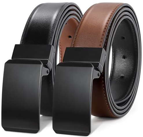 LEACOOLKEY Cinturón reversible de cuero para hombre, cinturón de vestir de 3,3 cm, para regalo, casual, golf, pantalones, camisas, recortado para adaptarse, F-negro+marrón, Fit waist 46-50''(belt