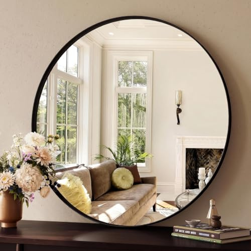 Clevich Round Wall Mirror 80cm, Black Framed Circle Mirror with Tempered Safety Glass, large Decorative Hanging Vanity Mirror for Wall, Hallway, Bathroom, Living Room & Bedroom Decor