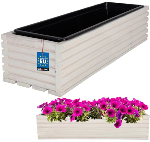 KOTARBAU® Blomlåda av trä 64 x 20 cm med innerkruka balkonglåda vit balkongkruka blomkruka blomlåda blomkruka utomhus balkong trädgård terrasser låda med insats