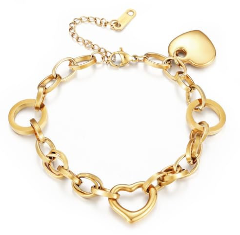 Emibele Herz Armbänder für Frauen, Edelstahl Non Tarnish Gold Armband mit Herz-Anhänger, Verstellbarer Karabinerverschluss Gold Handkette,Romantische Liebe Schmuck Geschenke für Frauen am Valentinstag