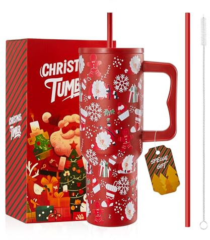 LeapYouth 40 oz Christmas Insulated Tumbler with Lid and Straw, Triple Walled Vacuum Christmas Water Bottle Travel Mug, Fit for Car Cup Holders, Keep Cold for 34 Hours, Red Gingerbread Man