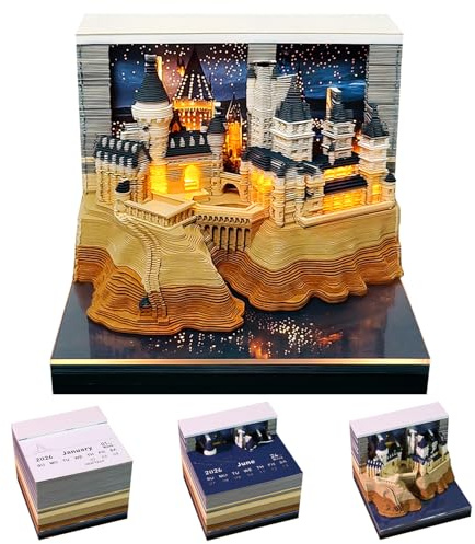 Desk Calendar with Lights, 3D Calendar Tear Off 2026, LED Calendar with Light, Castle Creative Art Notepad, Desktop Home Decoration Gift, Birthday Gift