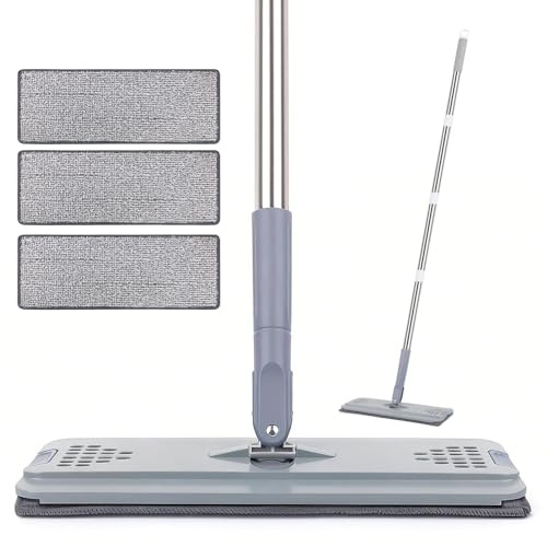 Flat Mop with 3 Pads, Microfibre Mop Hard Floor Mops for Cleaning Floors Adjustable Handle 29-49, Household Wet & Dry Mops for Wooden Floor Laminate Wall Bathroom Kitchen Office Mopping Starter Kit