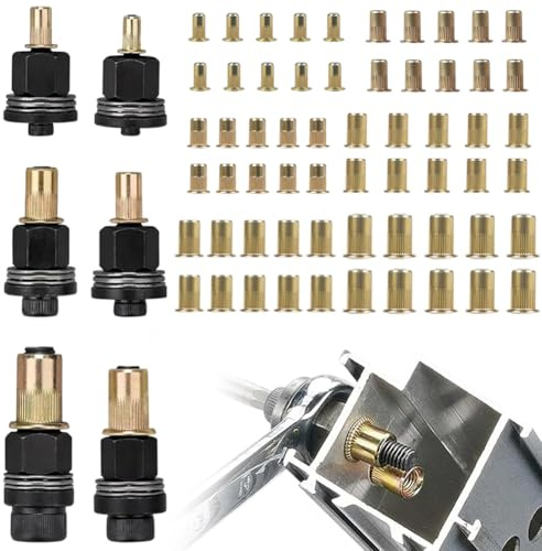 66 pezzi Rivettatrici Manuali di Teste Set, Inserto Filettato Rivettatrice Manuale Contiene 60 pezzi ciascuno di dadi M3/M4/M5/M6/M8/M10, Rivettatrice per Inserti Filettati Accessori Rivetti Filettati