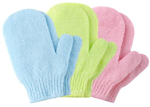 6pcs Exfoliating Gloves, Exfoliating Wash Gloves, Shower Scrub Gloves Away Ingrown Hair and Dead Skin for Shower, Spa, Massage and Dead Skin Cell Remover Loofah - Pink + Blue + Green