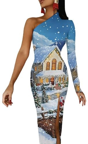 Vestidos de Navidad para iglesia, con hombros descubiertos, para mujer, largo de media manga, con abertura, vestido de cóctel, Estilo:, M
