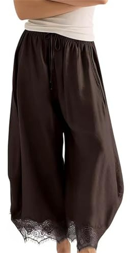 Women's Cropped Lace-Hem Pants High Waisted Drawstring Wide Leg Pants, Summer Beach Vacation Lounge Trousers (Brown,L)