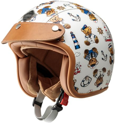Casco De Moto Abierto para Niños Homologado ECE 22.06, Bonito Casco Jet 3/4 con Visera De Cuero Extraíble, Casco para Scooter para Niños Y Niñas De 3 A 12 Años. E,S/(46~50cm)