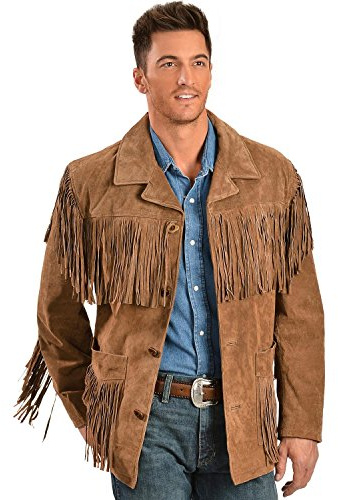 Giacca Uomo con Frange Suede, Camoscio Cinghiale Cannella, XX-Large
