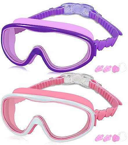 COOLOO Kids Swim Goggles for Age 3-15, 2 Pack Kids Goggles for Swimming with Nose Cover, No Leaking, Anti-Fog, Waterproof