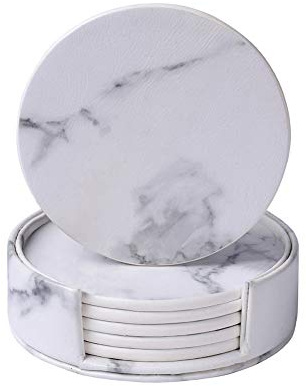 6 Pcs/Set Marble Leather Coasters, White Round Cup Mats with Holder, Heat Resistant Non-Slip Pads for Drinks Tea Coffee Cup Mug Glass - Protect Table from Scratch, Spills, Water Rings and Damage