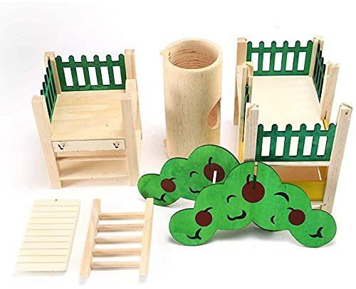 ANCLLO Hamster Häuser Und Verstecke Natürliche Holz Haustier Leben Tunnelsystem Ratte Spielplatz Aktivität Set Plattform Villa mit Rohr Kleintierhaus Kabine für Mäuse Hamster