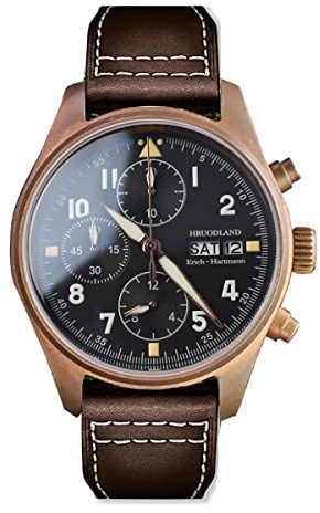Hruodland Sólido Bronce Cuarzo Hombres Relojes De Cristal De Zafiro 100 m Resistente Al Agua Multifunción Cronógrafo Piloto Relojes De Pulsera, Negro