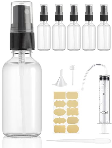 Bohoray 6 Pezzi 30ml Flacone Spray Vuoto,Vetro Bottiglia Spray,Contenitore Spray Vuoto,Portaprofumo Da Viaggio,Spray Superfine Flaconi Spray Vuoti,Atomizzatore Con Etichette,Imbuti,Siringhe