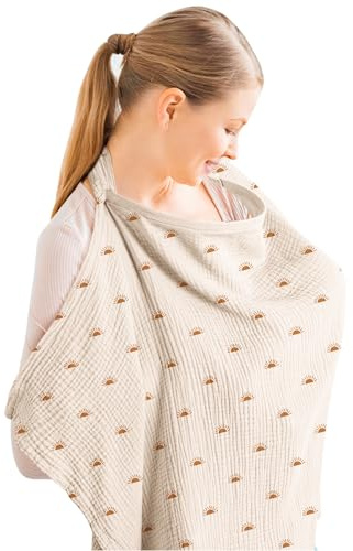 Konssy Muslin Nursing Cover for Baby Breastfeeding, Breathable 100% Cotton Breastfeeding Cover with Rigid Hoop for Mother Nursing Apron, Multi-use Carseat Canopy (Sun)