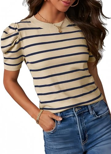 Dokotoo Sweaters for Women 2025 Summer Blouses Cute Crew Neck Puff Short Sleeve Business Outifits Color Block Pullover Knit Tops Elegant Apricot Striped Tops Ribbed Knit Causal Clothes Medium