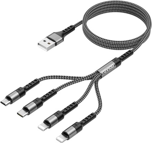 RAVIAD Multi USB Kabel, 4 in 1 Multi Ladekabel Schnell Mehrfach Ladekabel Universal Kabel mit Micro USB Typ C Lightning Kabel für iPhone, Android Samsung Galaxy, Huawei, Oneplus, Sony-Grau [1.2M]